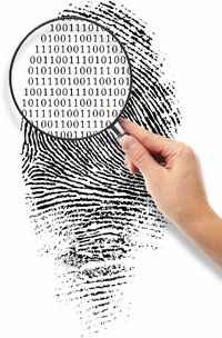 Photography showing a digital fingerprint seen with a magnifying glass